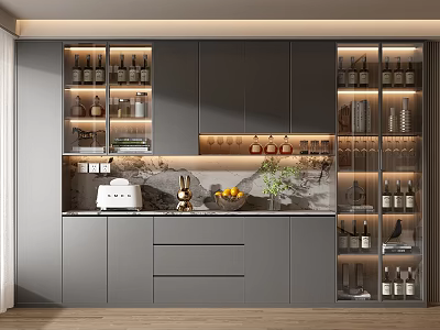 Modern Grey Wine Cabinet With Glass Doors Marble Countertop And Wine Bottles 3d model