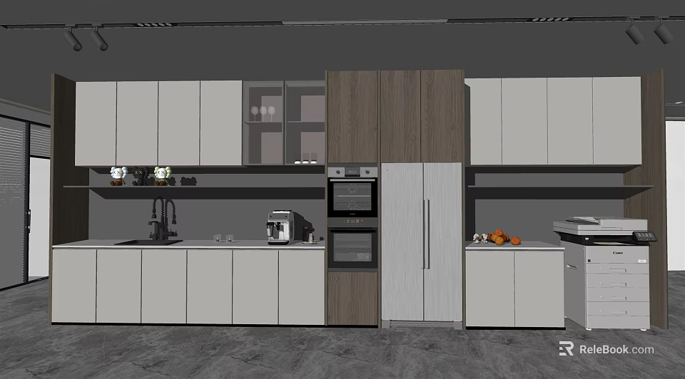 Modern Kitchen Interior With White Wood Cabinets Oven Refrigerator And Countertop 3d model 