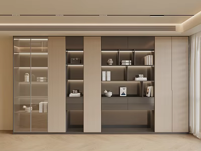 Modern Bookcase Interior Design With Glass Doors Layered Shelves And Decorative Items 3d model
