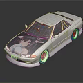 White Modified Car With Anime Girl Graphic On Body And Purple Wheels