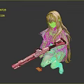 Game Character With Pink Long Hair Holding Pink White Long Gun Kneeling On One Knee