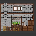 Cartoon Kitchen Interior Scene With Stone Walls Wooden Cabinets Dining Table Chairs And Fireplace