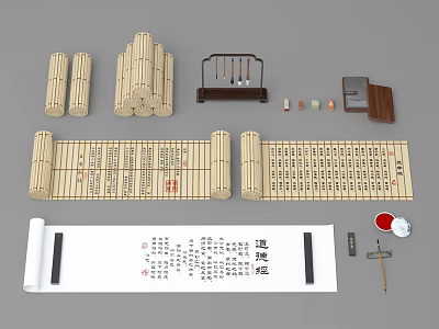 Traditional Chinese Brush Pen with Bamboo Slips Scroll Inkstone Ink and Calligraphy Art 3d model