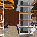 Modern Beauty Hair Salon Interior With White Worktable Black Chairs Wooden Cabinets And Vintage Tram Mural