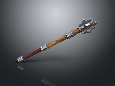 Medieval War Hammer With Wooden Handle Red End And Metal Spiked Head Design 3d model