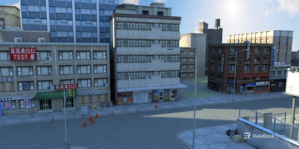 Commercial Street Lined With Multi story Modern Buildings Shops Signboards And Orange Traffic Cones 3d model 
