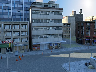Commercial Street Lined With Multi story Modern Buildings Shops Signboards And Orange Traffic Cones 3d model