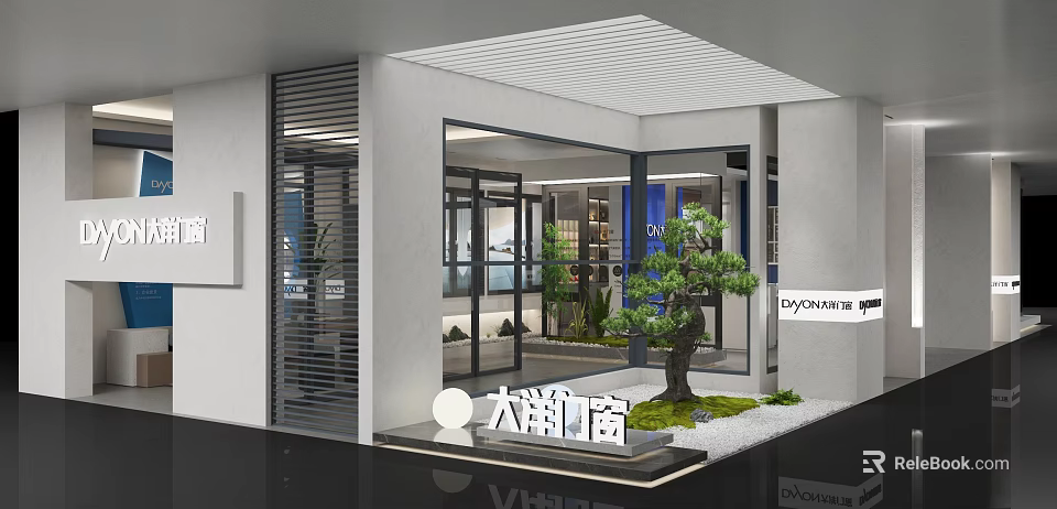 Modern Retail Store with Glass Doors and Green Plants at Entrance with Black Flooring 3d model 