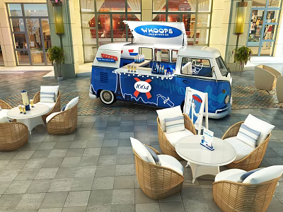 Blue KHOPPS Commercial Food Truck With Outdoor Wicker Seating In Mall Courtyard 3d model