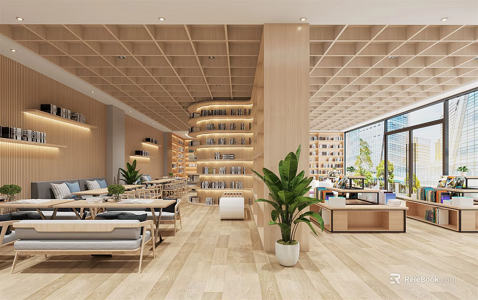 Book Art Inspired Library Interior With Wooden Shelves Plants Large Windows And Comfortable Seating 3d model 