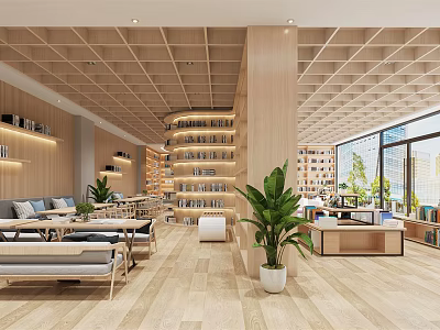 Book Art Inspired Library Interior With Wooden Shelves Plants Large Windows And Comfortable Seating 3d model