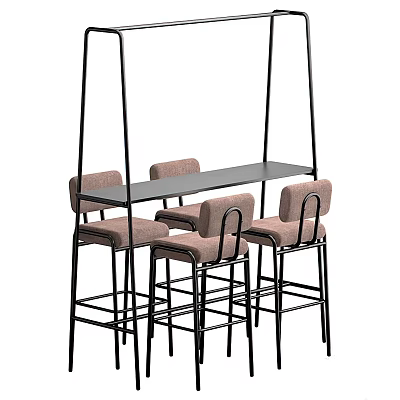 Modern Bar Counter With Black Metal Frame And Pinkish Brown Padded Stools 3d model