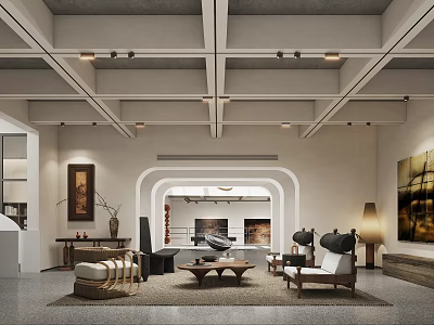 Modern Living Room Interior With Ceiling Beams Archway Sofa Coffee Table And Artwork 3d model