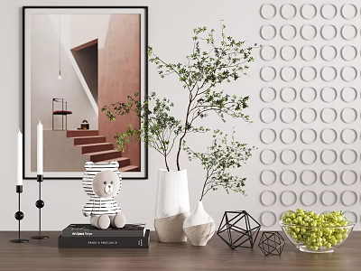 Decorative Ornament Set With Bear Figurine Books Green Plants Vases And Geometric Accents 3d model