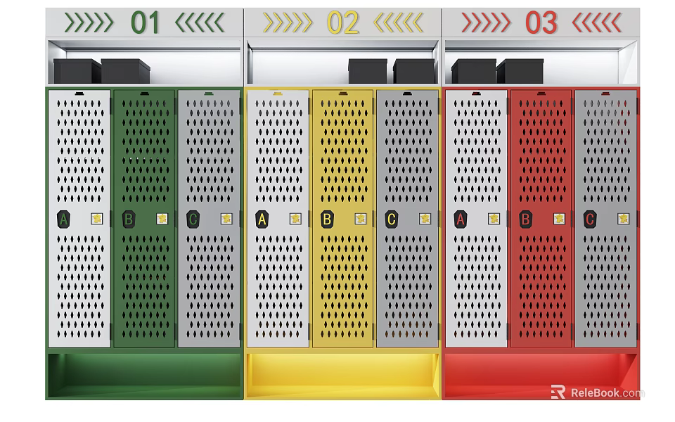 Colorful Perforated Lockers With Green Yellow Red Sections And Numbered Compartments 3d model 