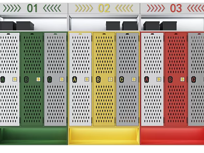 Colorful Perforated Lockers With Green Yellow Red Sections And Numbered Compartments 3d model