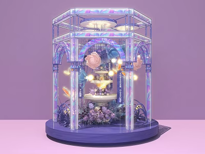 Decorative Transparent Octagonal Photo Spot With Purple Background Pink Ornaments Lights And Greenery 3d model