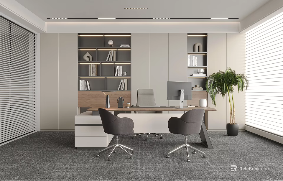 Modern Office Interior Design With Desk Chairs Bookshelves Computer Monitor And Potted Plant 3d model 