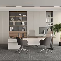 Modern Office Interior Design With Desk Chairs Bookshelves Computer Monitor And Potted Plant