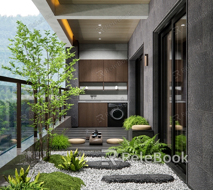 Modern Home Balcony Dry Landscape Plant Landscape Balcony Herbal Tea Table and Chair Balcony Green Plant Stone Slab model