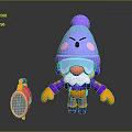 Cartoon Character with Purple Pompon Hat Blue Goggles Red Nose White Beard and Pink Racket