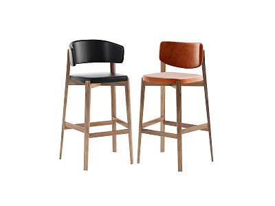 Modern Bar Stools With Black And Brown Leather Seats And Wooden Frames 3d model