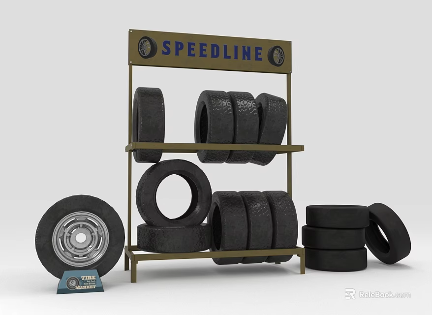 Multiple Tires Displayed on Metal Rack with SPEEDLINE Sign Wheel Rim and Blue TEST Label 3d model 