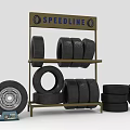 Multiple Tires Displayed on Metal Rack with SPEEDLINE Sign Wheel Rim and Blue TEST Label
