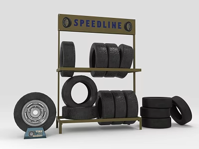 Multiple Tires Displayed on Metal Rack with SPEEDLINE Sign Wheel Rim and Blue TEST Label 3d model