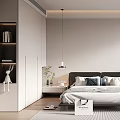 Modern Minimalist Bedroom Interior With Wooden Floor Large Window Desk Wardrobe And Rug