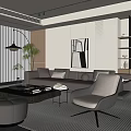 Modern Living Room Interior With Gray Sofa Armchair Coffee Table Floor Lamp Plant And Decorative Painting