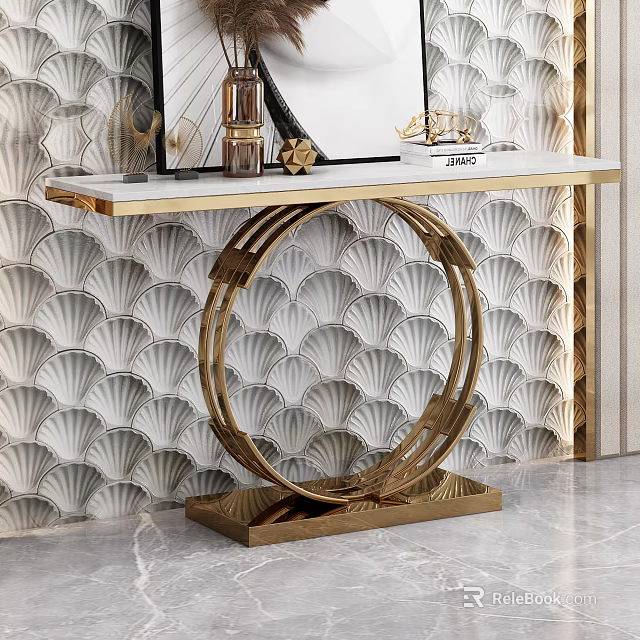 Elegant Modern Console Table With Golden Circular Base White Marble Countertop And Shell Patterned Wall 3d model