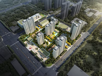 Urban Residential Aerial Planning With High Rise Buildings Green Spaces And Road Layout 3d model
