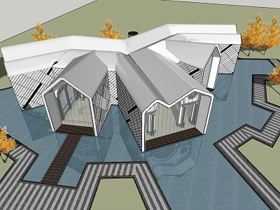 Modern Sales Office Building With Geometric Roof Water Feature And Wooden Walkway 3d model
