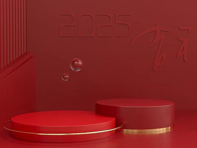 2025 Year of the Dragon Red Background Two Circular Display Platforms with Golden Borders and Bubbles 3d model