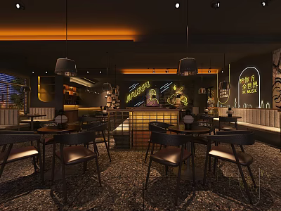 Modern Bar Interior With Warm Pendant Lighting Wooden Tables Leather Chairs And Neon Decor 3d model