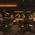 Modern Bar Interior With Warm Pendant Lighting Wooden Tables Leather Chairs And Neon Decor