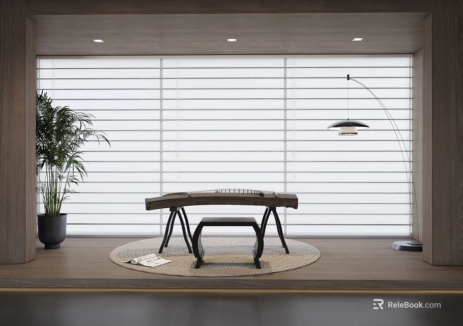 Contemporary Interior Studio With Guzheng Instrument Art Supplies Green Plant And Floor Lamp 3d model 