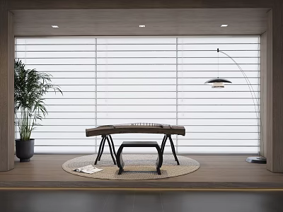 Contemporary Interior Studio With Guzheng Instrument Art Supplies Green Plant And Floor Lamp 3d model