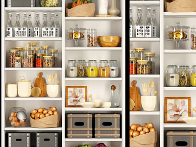 Organized Storage Shelves For Kitchen With Glass Jars Storage Boxes And Food Baskets 3d model