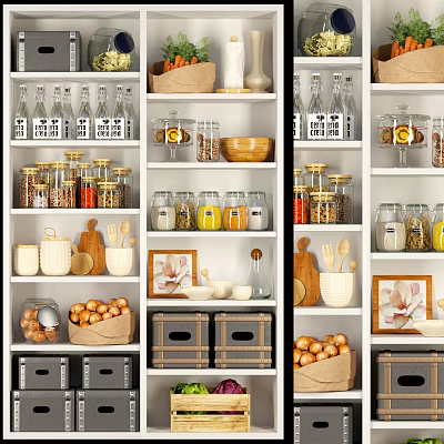 Organized Storage Shelves For Kitchen With Glass Jars Storage Boxes And Food Baskets 3d model