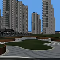 Traditional Pavilion with Black Curved Eaves in Modern City Park Near Grassland Stone Path and Buildings