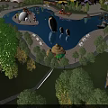 Amusement Park Featuring Large Pool Penguin Statues Trees Colorful Buildings and People
