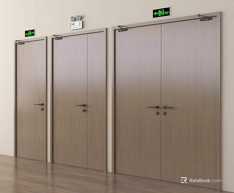 Wooden Emergency Exit Doors With Green Signs In Indoor Wooden Flooring Setting 3d model 