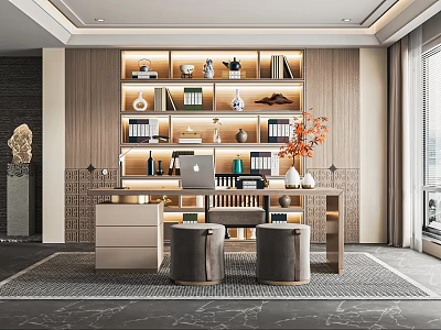 New Chinese Style Study Tea Room Desk and Chair Writing Desk Bookcase Desk Leisure Chair Decorative Cabinet 3d model