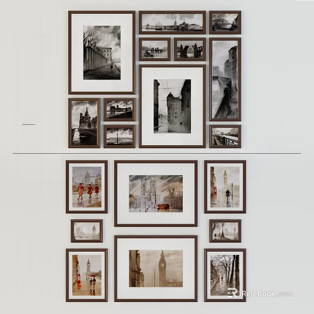 Gallery Wall Decor With Framed Landscape Paintings Featuring Architectural And Scenic Views 3d model 