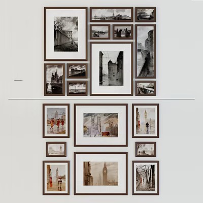 Gallery Wall Decor With Framed Landscape Paintings Featuring Architectural And Scenic Views 3d model