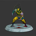 Wolverine Character Statue In Yellow Blue Costume With Claws And Red X Logo Base