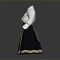 Women's White Stand Collar Blouse And Navy Blue High Waist Skirt Outfit With Gold Trim