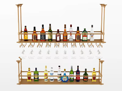 Stylish Wine Cabinet with Layered Design Holding Various Wine Bottles and Glasses 3d model